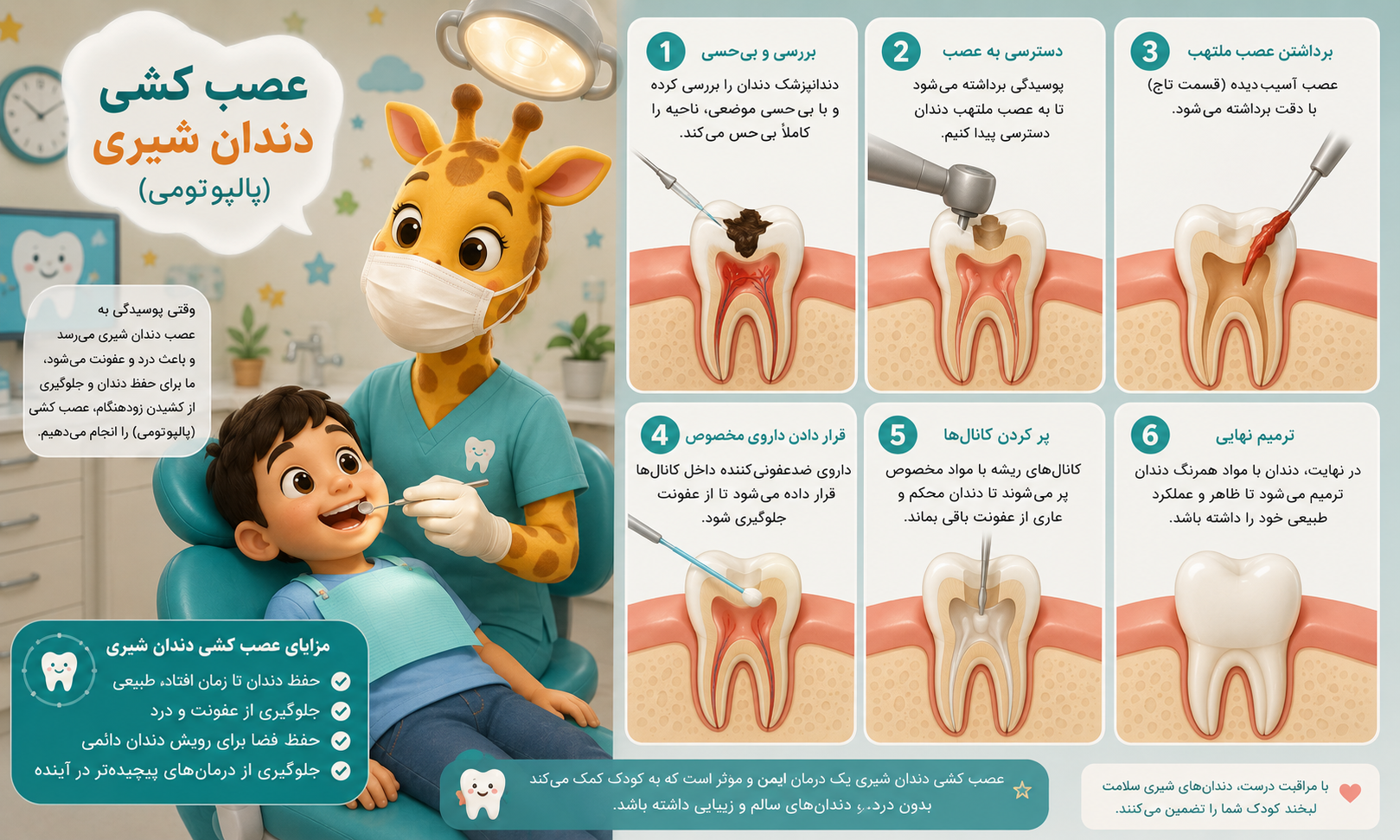 دندانپزشکی کودکان در نازی آباد - عصب‌کشی و روکش دندان شیری