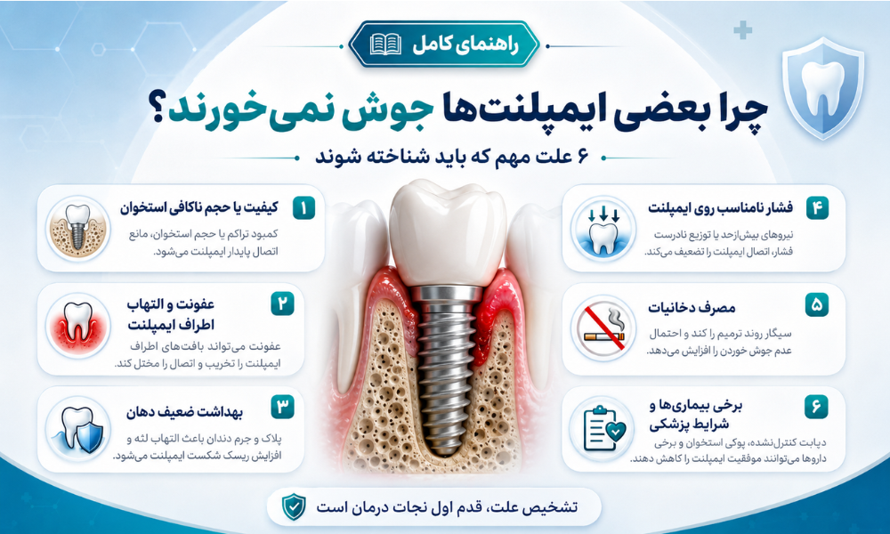 دلایل جوش نخوردن ایمپلنت شامل استخوان عفونت دخانیات فشار و شرایط پزشکی