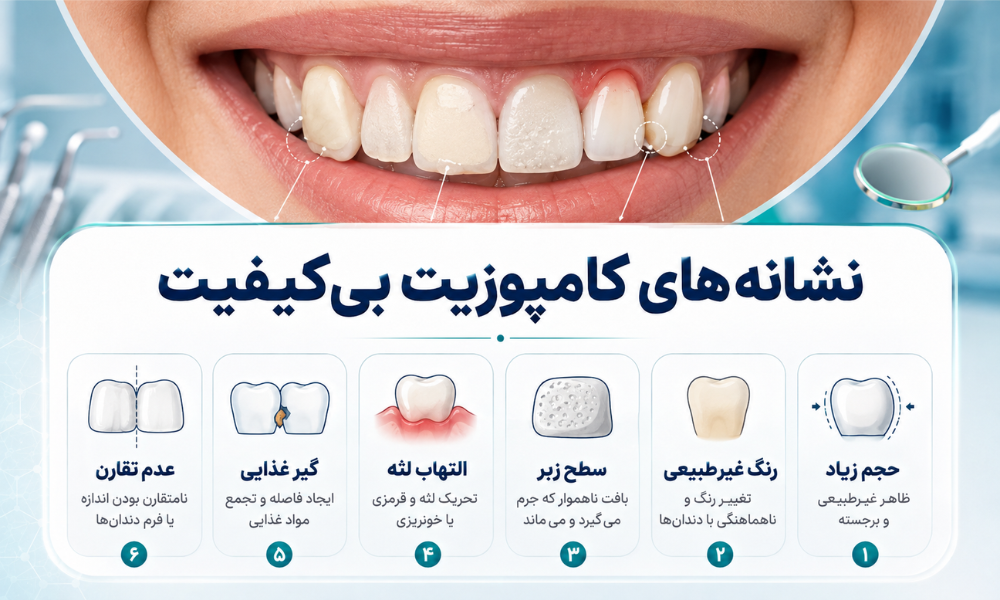 نشانه های کامپوزیت بی کیفیت شامل حجم زیاد رنگ غیرطبیعی سطح زبر التهاب لثه گیر غذایی و عدم تقارن